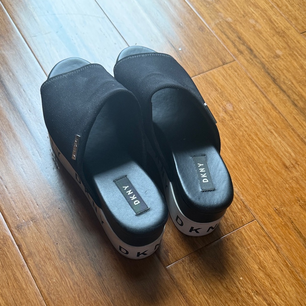 DKNY Black Canvas Mules with White Accents